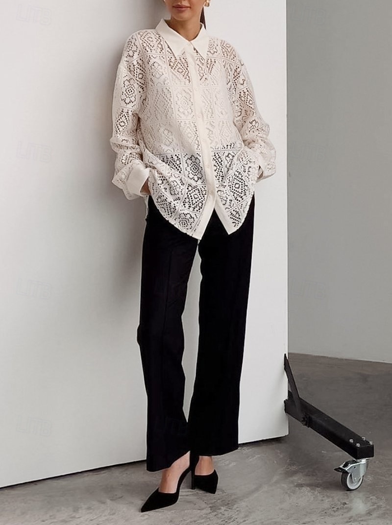 Damskie Koszula Koszula Boho Elegancja Długi rękaw Biskup Kołnierzyk koszuli Długie topy Codzienny Święto Oczko Beżowy Lato Wiosna Jesień 2025 - $27.99 –P4