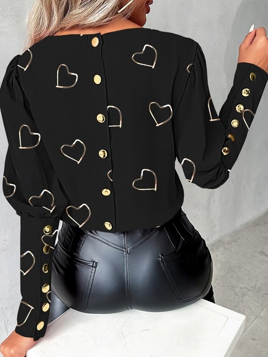 Valentijnsdag Dames Overhemd Blouse Hart Stijlvol Casual Lange mouw Strakke ronde hals Normale tops Dagelijks Knop Afdrukken Zwart Wit Zomer Lente 2025 - $21.99 –P4