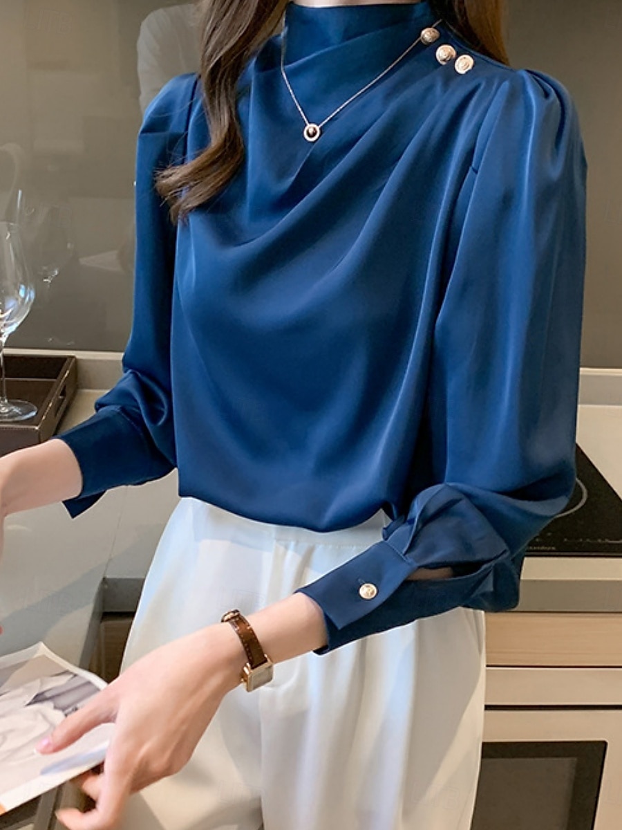 Női Ing elegáns Elegáns Szatén Tömör szín Üzlet Modern Alkalmi Hosszú ujj Körgallér Normál felsők Munka Ünnepi viselet Gombok Fehér Medence Nyár Tavasz 2025 - $22.99 –P8