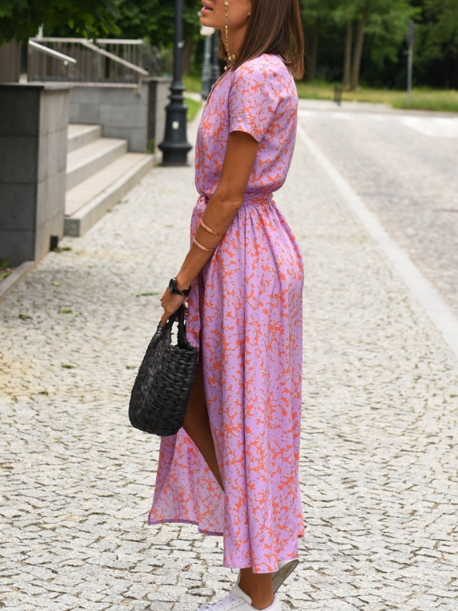 Femme Robe Maxi Robe casual Robe Portefeuille Robe Trapèze mode Décontractées Vacances du quotidien Standard Floral Manche Courte Col V Rose Claire Rouge Eté de 2025 ? $27.99 –P10