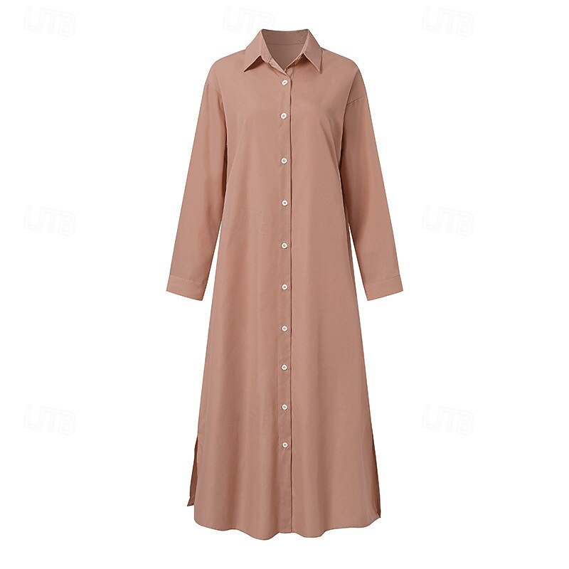 Women's Long Dress Maxi Dress Linen-Inspired Dresses Shirt Dress Casual Dress Cotton Linen Dress Stylish Casual Vacation Daily Date Regular Fit Plain Long Sleeve Lapel Pink Navy Blue Brown Summer 2025 - $26.99 –P5