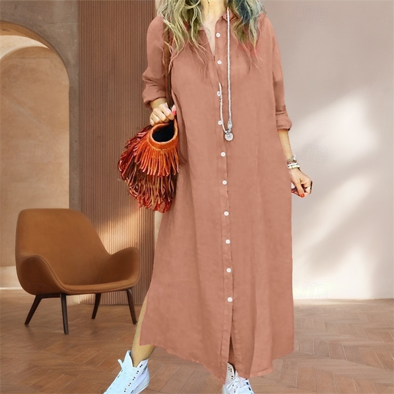 Women's Long Dress Maxi Dress Linen-Inspired Dresses Shirt Dress Casual Dress Cotton Linen Dress Stylish Casual Vacation Daily Date Regular Fit Plain Long Sleeve Lapel Pink Navy Blue Brown Summer 2025 - $26.99 –P3