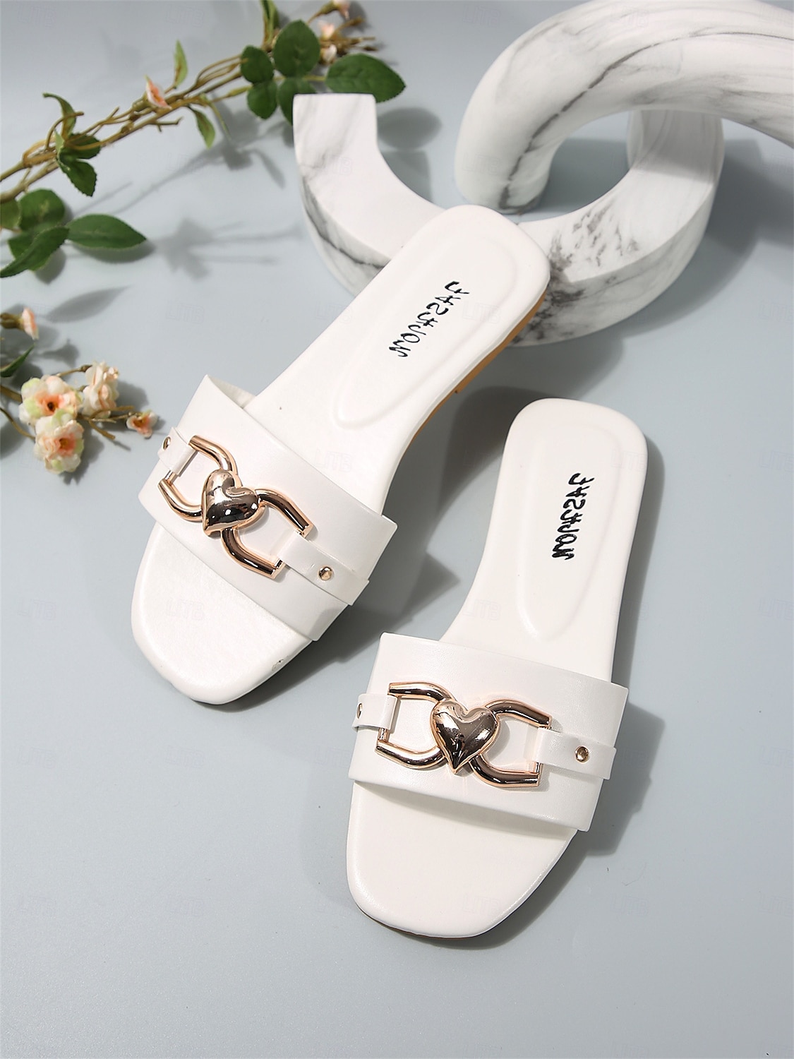 Women's White Slide Sandals with Heart-Shaped Metal Buckle – Casual Summer Footwear for Beach, Vacation and Everyday Style 2025 - $18.99 –P1