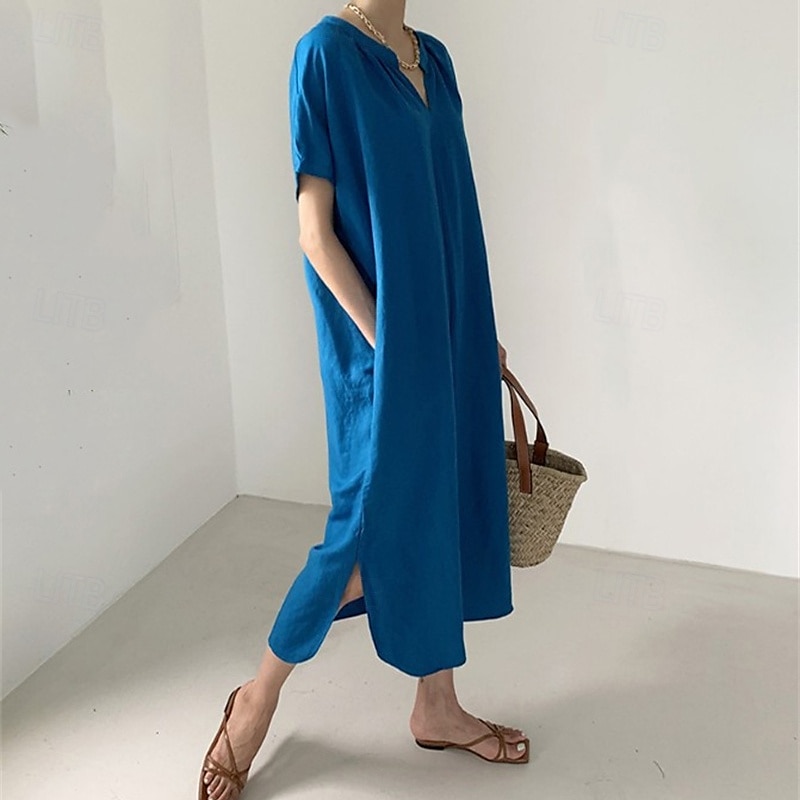 Per donna Abito Lungo Maxi Abito Abiti ispirati al lino Vestito Casual Abito in cotone e lino Elegante Casual Vacanza Quotidiano Data Vestibilità regolare Semplice Manica Corta Scollo a V Blu Estate del 2025 a $26.99 –P7