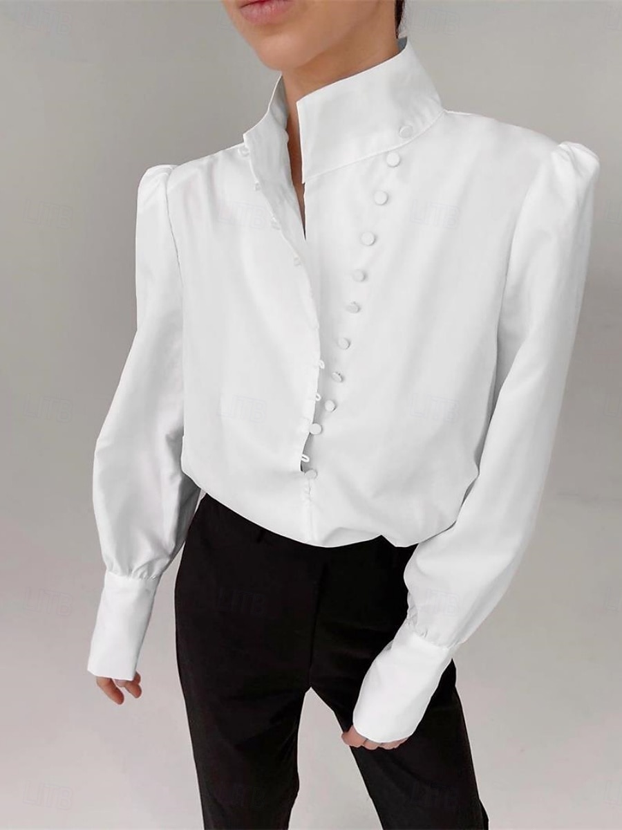 Dame Skjorte Bluse Helfarge Stilfull Fritid Langermet Høyhalset Vanlige topper Daglig Knapper Hvit Sommer Vår 2025 - $39.99 –P4