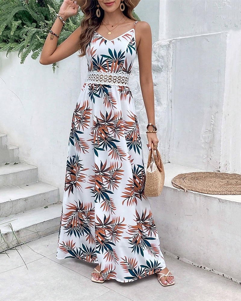 Dámské Maxi šaty Áčkové šaty Květinové šaty Letní šaty Cami šaty Elegantní stylové Dovolená Denní Rande Běžný Květinový Bez rukávů Do V Bílá Léto 2025 - $26.99 –P1