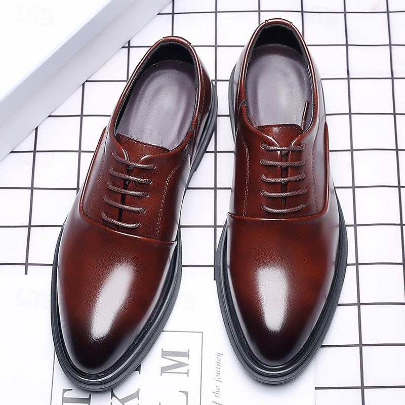 pánské hnědé oxfordky z umělé kůže – elegantní šněrovací design pro formální příležitosti a obchodní oblečení 2025 - $46.99 –P3