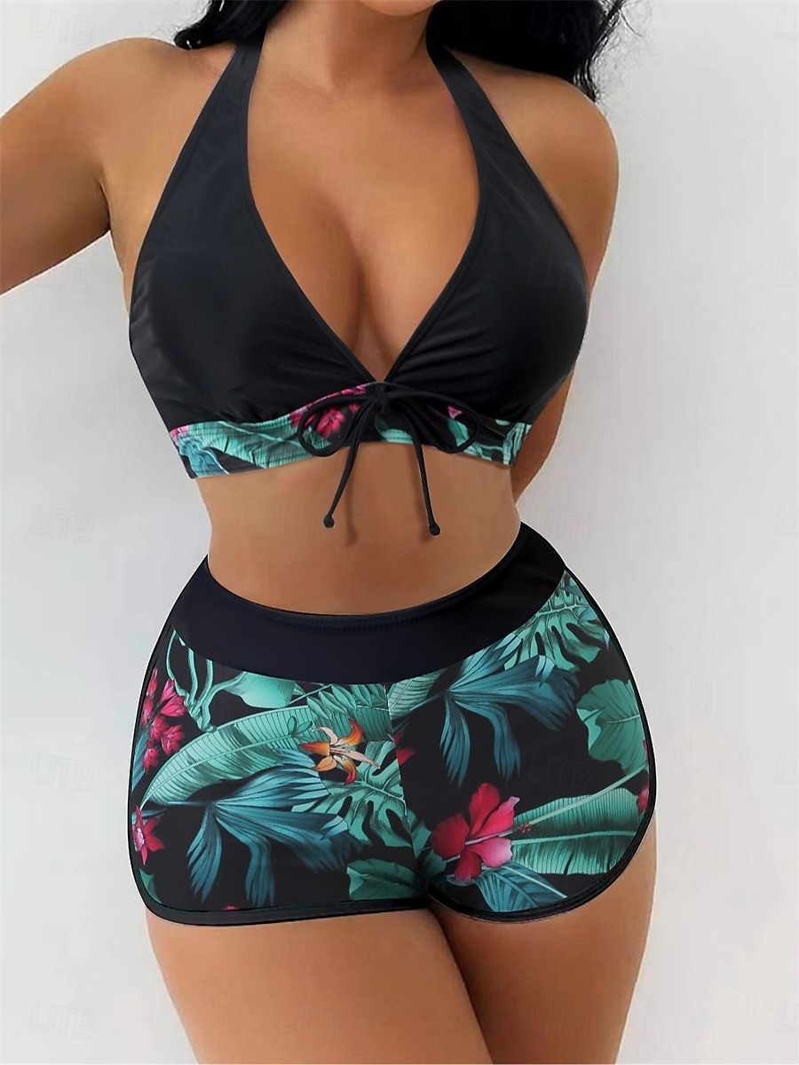 Dam Badkläder Bikini 2 st Pojkeben Baddräkt Öppen rygg Hög midja Smal Semester Standkläder Grafisk Halterneck Ärmlös Baddräkter 2025 - $26.99 –P1