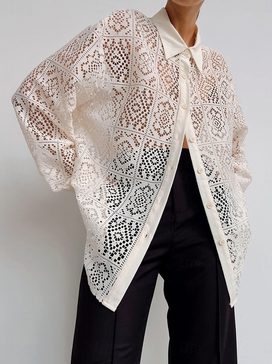 Damskie Koszula Koszula Boho Elegancja Długi rękaw Biskup Kołnierzyk koszuli Długie topy Codzienny Święto Oczko Beżowy Lato Wiosna Jesień 2025 - $27.99 –P1