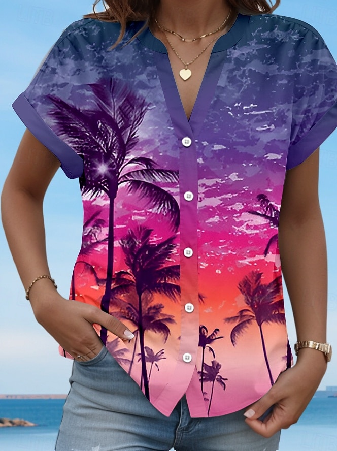 Kvinnes T-skjorte Blomstrete Grafisk Stilren Strand Kortermet Skjorte Krage Vanlige Topper Daglig Knapp Trykk Rosa Vår Høst 2025 - $29.99 –P1