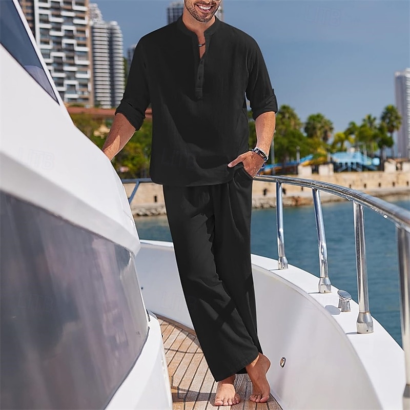 Herren 2 Stück Hemden-Set Sommer-Set Passende Sets Lässiges Hemd Glatt Urlaub Täglich Schwarz Grau Leicht Blau Langarm Kragen Sommer Bekleidung 2025 - $42.99 –P2