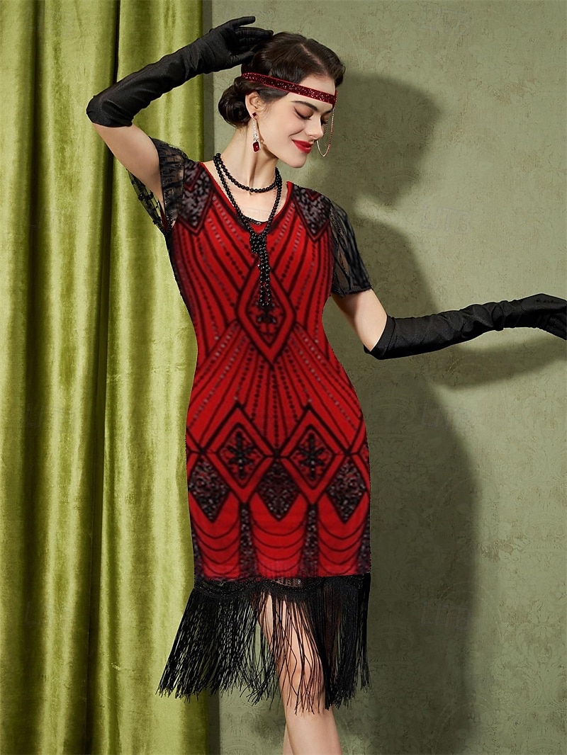 Retro Řvoucí 20s 20. léta 20. století Polední Bubenové šaty Úbory Koktejlky Velký Gatsby Buben dívka Svatební host Flitry Třásně Dámské Karnevalový kostým 7 PCS Vánoce předvečer Všech svatých Karneval 2025 - $24.99 –P3