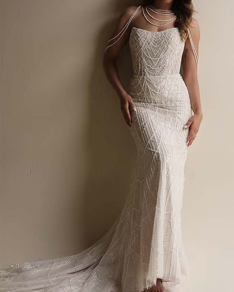 Abiti da Sposa Sirena  Tromba Scollo Quadrato Senza Maniche Strascico Corto in Tulle Completi da Sposa Abiti da Sposa con Perle e Applicazioni del 2025 a $299.99 –P1