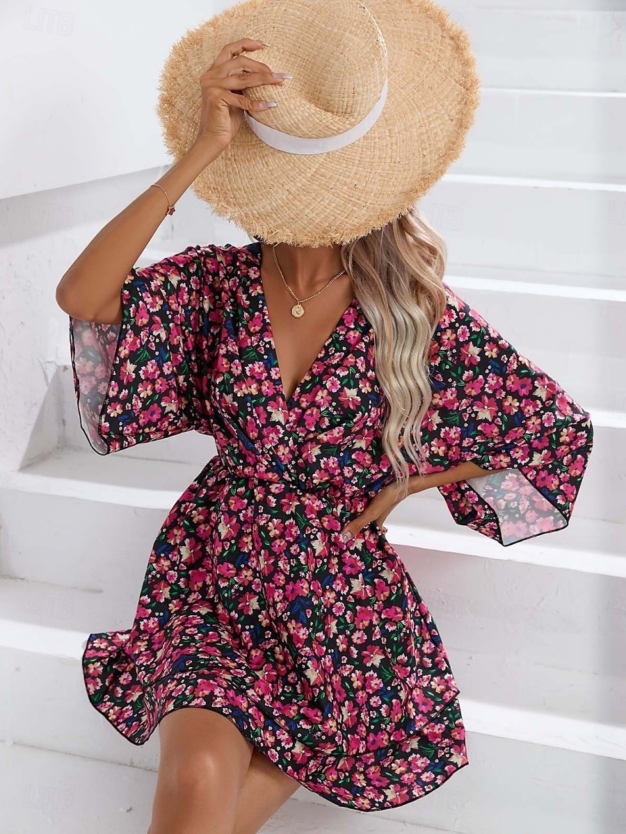 Dames Mini-jurk Casual jurk A lijn jurk Stijlvol Casual Vakantie Dagelijks Normale pasvorm Bloemig 3/4 mouw V-hals Zwart Rood Zomer Lente 2025 - $27.99 –P10