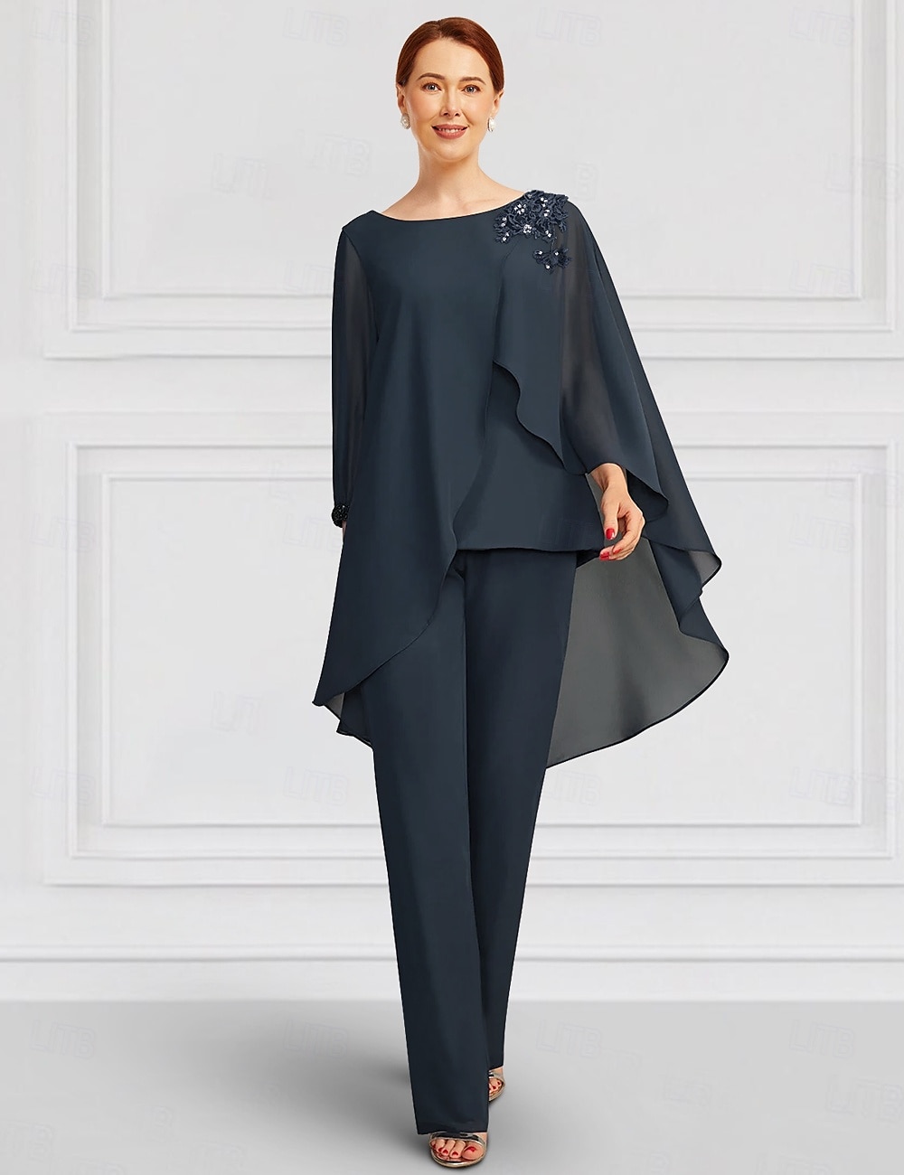 Zwei-Teile Jumpsuit  Hosenanzug Brautmutter Elegant Juwel-Ausschnitt Bodenlang Chiffon Langarm Wickel inklusive mit Spitzen-Rüschen Einfarbig 2025 - $177.99 –P1