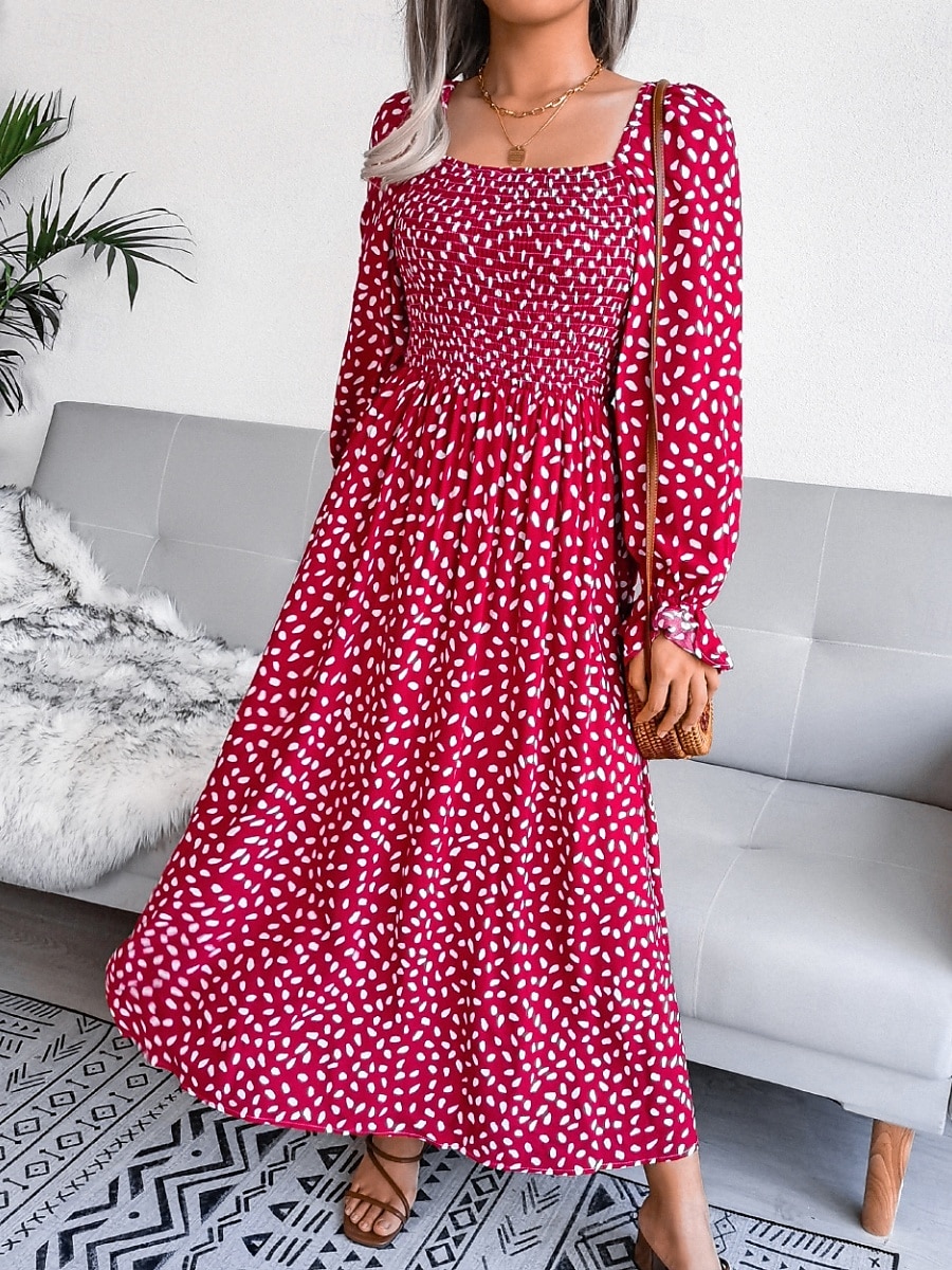 Femme Robe Maxi Robe Maxi Robe de laitière Robe smockée Soirée Hawaïen mode Vacances Travail du quotidien Standard Pois manche longue Col Carré Jaune Rose Claire Printemps Automne de 2025 ? $33.99 –P10