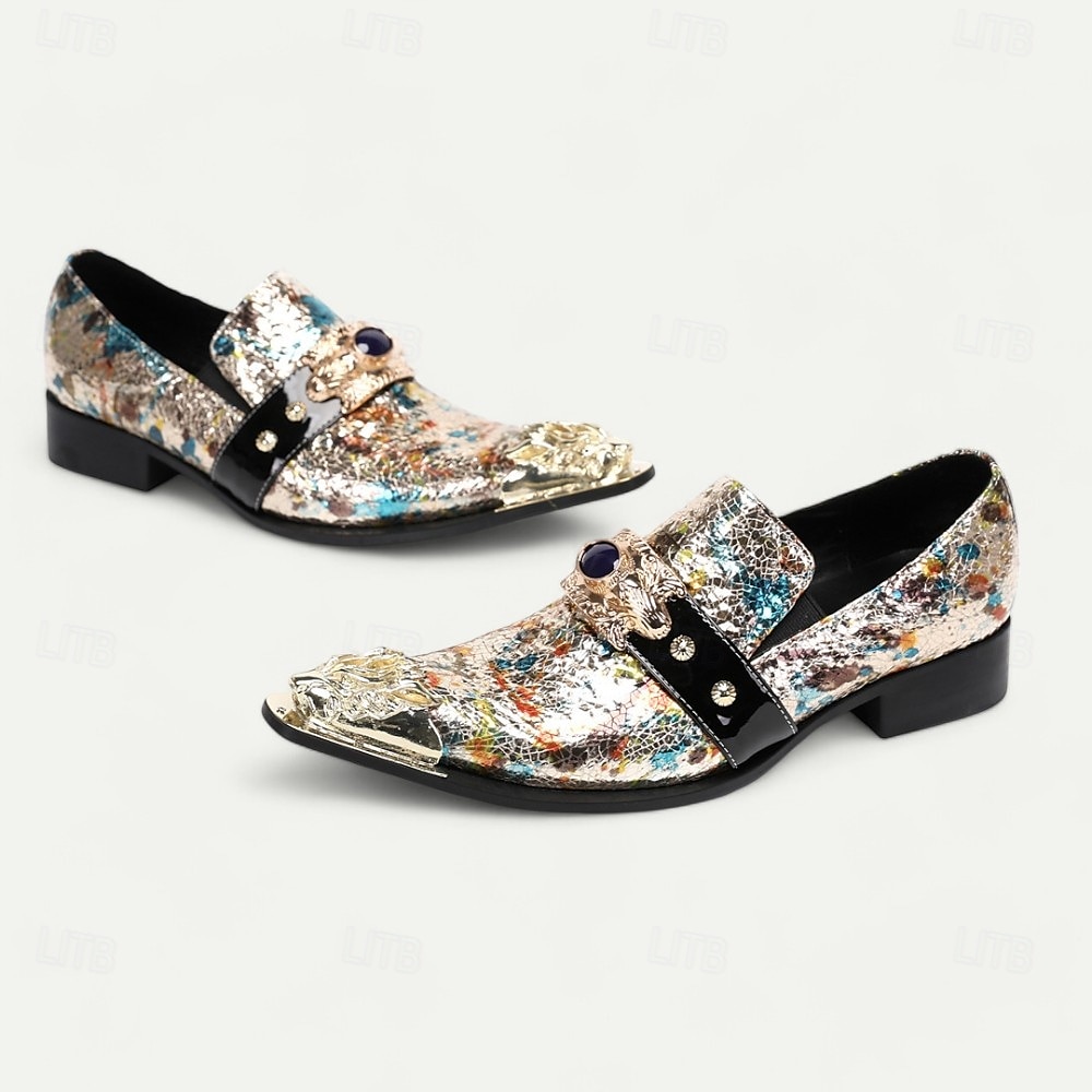 pánské vícebarevné kožené slip-on společenské boty s ozdobnou kovovou špičkou a šperkovým akcentem - prvotřídní formální mokasíny z hovězí kůže na večírky a svatby 2025 - $119.99 –P5