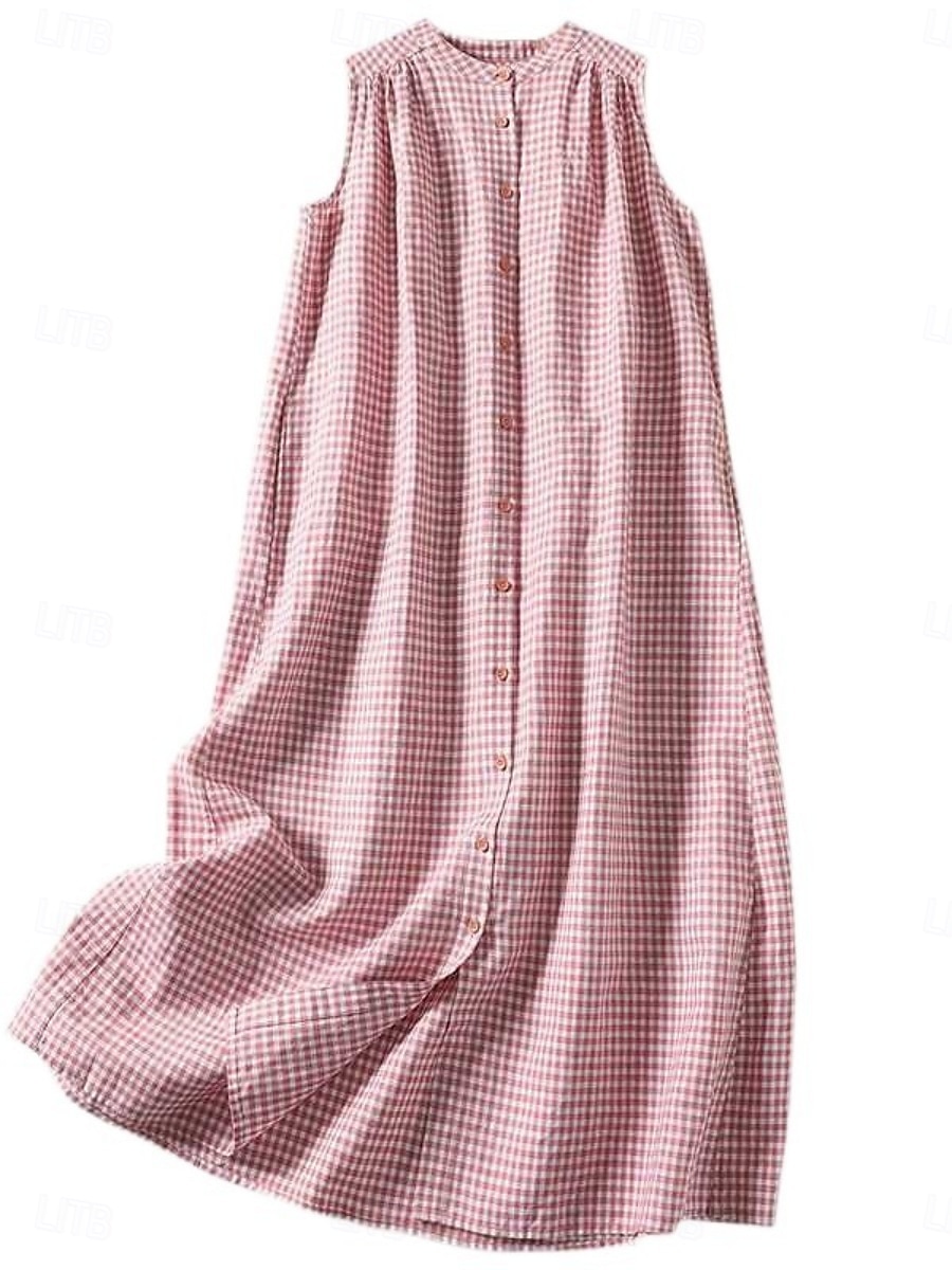 Mujer Vestido maxi Vestidos de lino y algodón Vestido informal Vestido de Tanque Vestido largo de algodón Básico Casual Vacaciones Diario Ajuste regular Plaid Sin Mangas Escote en Pico Rojo Verano 2025 - $36.99 –P13