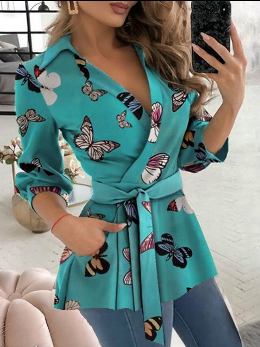 Women's Shirt Blouse Geometric Butterfly Letter Stylish Casual Long Sleeve V Neck Regular Tops Daily Buttons Pocket Black White Blue Green Summer Spring 2025 - $29.99 –P4