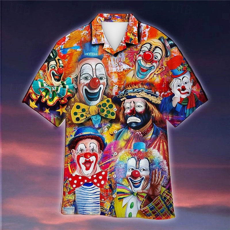 Herren Clown Hemd Hawaiihemd Sommerhemd Knopfhemd Kurzarm Sport Modisch Strassenmode Outdoor Casual Hawaiianisch Sommer Frühling Kubanisches Halsband Bedruckt Gelb Rote Purpur 2025 - $24.99 –P2