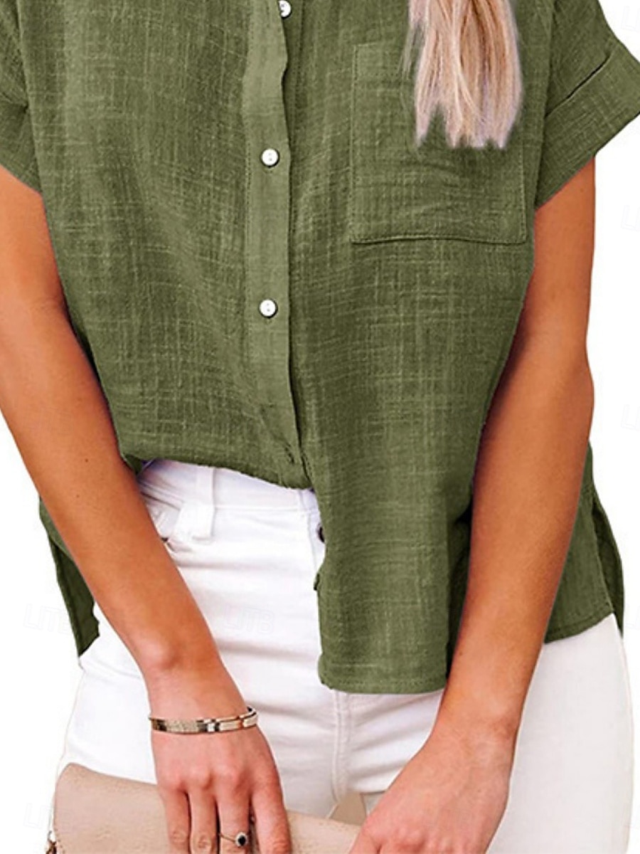 Women's Shirt Cotton Linen Shirts Button Up Blouse Solid Color Basic Casual Short Sleeve Shirt Collar Regular Tops Daily Buttons Pocket Wine Army Green Summer 2025 - $21.99 –P3