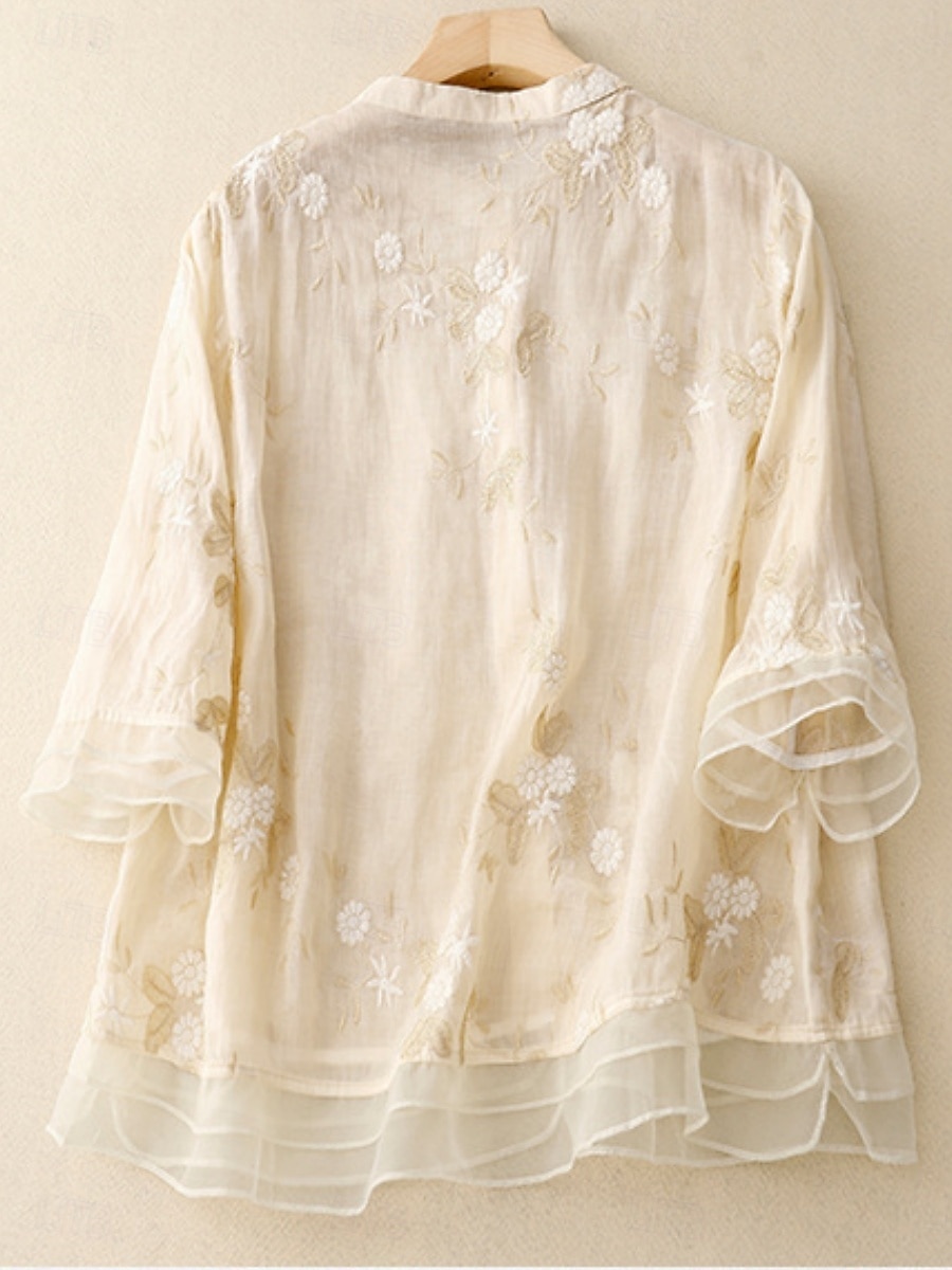 Damen Hemd Baumwoll-Leinen-Hemden Knopfleiste Bluse Blumen Basic Lässig Dreiviertelarm Hoher Ausschnitt Normale Oberteile Täglich Bestickt Knöpfe Gelb Purpur Grün Beige Sommer Frühling Herbst 2025 - $27.99 –P8