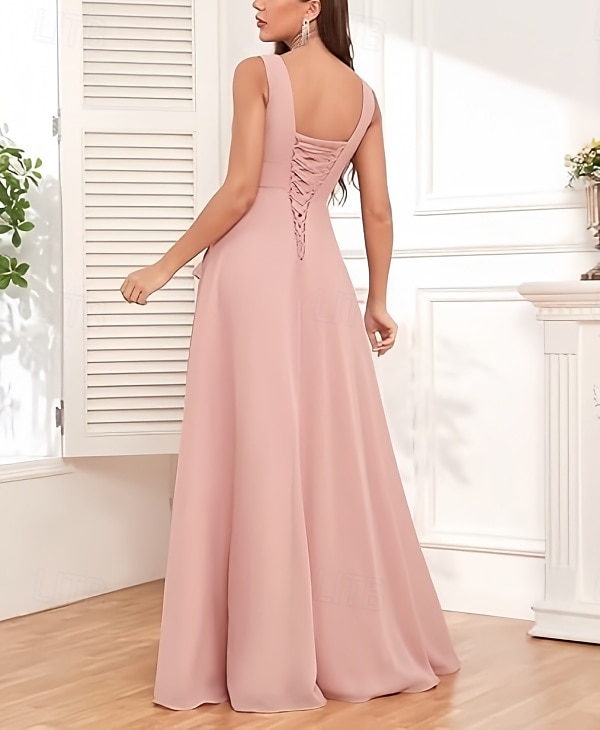 Robe en A Robe de demoiselle d'honneur Col en V Sans manches Élégante Longueur de sol Chiffon avec volants  fente avant  fronces de 2025 ? $167.99 –P2