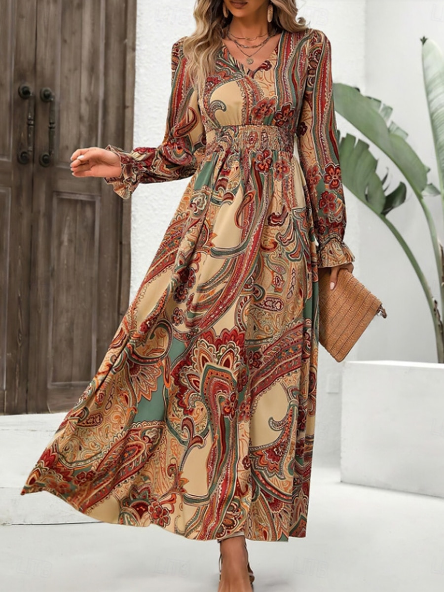 Damskie Sukienka maxi Sukienki w stylu boho Sukienka Boho Elegancki Codzienny Urlop Codzienny Regularny Kwiaty Długi rękaw W serek Czarny Zielony Khaki Wiosna Jesień 2025 - $32.99 –P3