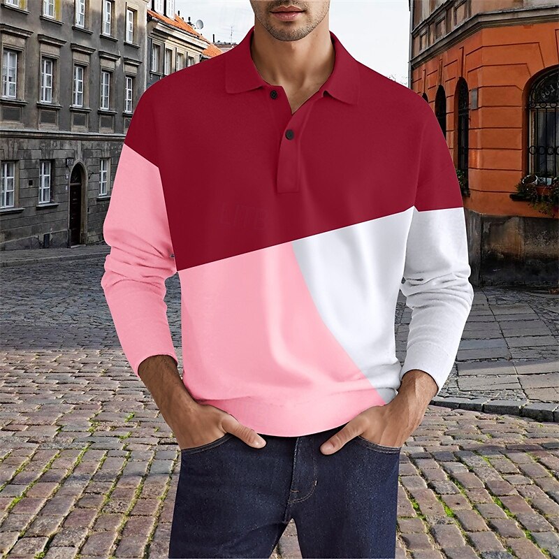 Men's Golf Shirt Golf Polos Shirts Work Casual Lapel Long Sleeve Basic Modern Color Block Patchwork Buttons Spring &  Fall Regular Fit Black Pink Blue Green Golf Shirt 2025 - $20.99 –P2