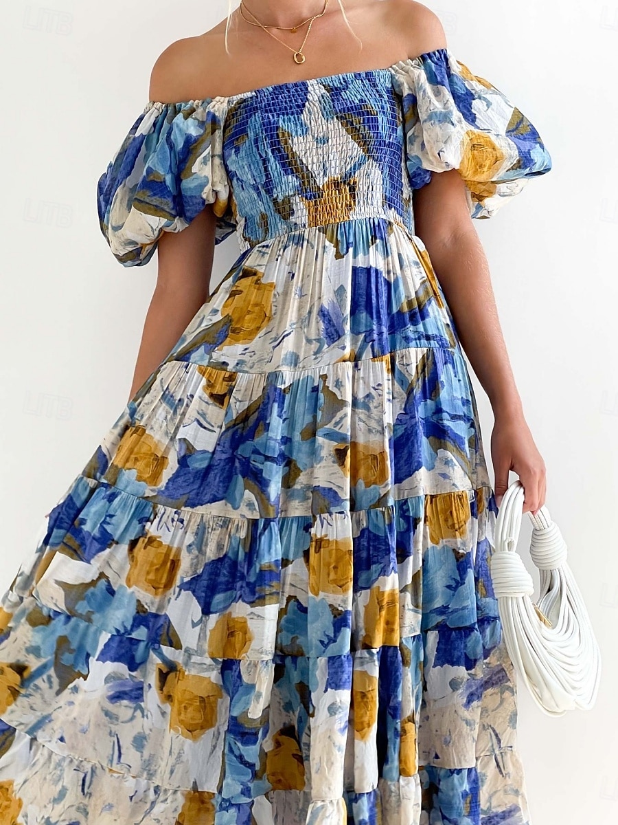 Femme Robe Maxi Robe casual Robe Évasée Robe Trapèze mode Décontractées Vacances du quotidien Standard Floral Manche Courte Epaules Dénudées Bleu Vert Eté de 2025 ? $36.99 –P7
