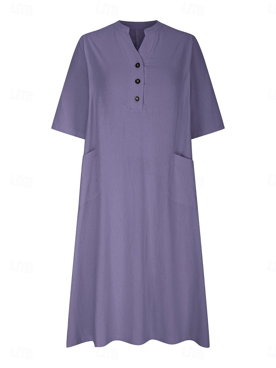 Women's Midi Dress Cotton Linen Dresses Basic Casual Vacation Daily Regular Fit Plain 3/4 Length Sleeve Notched Neck Black Red Purple Light Blue Summer 2025 - $22.99 –P8