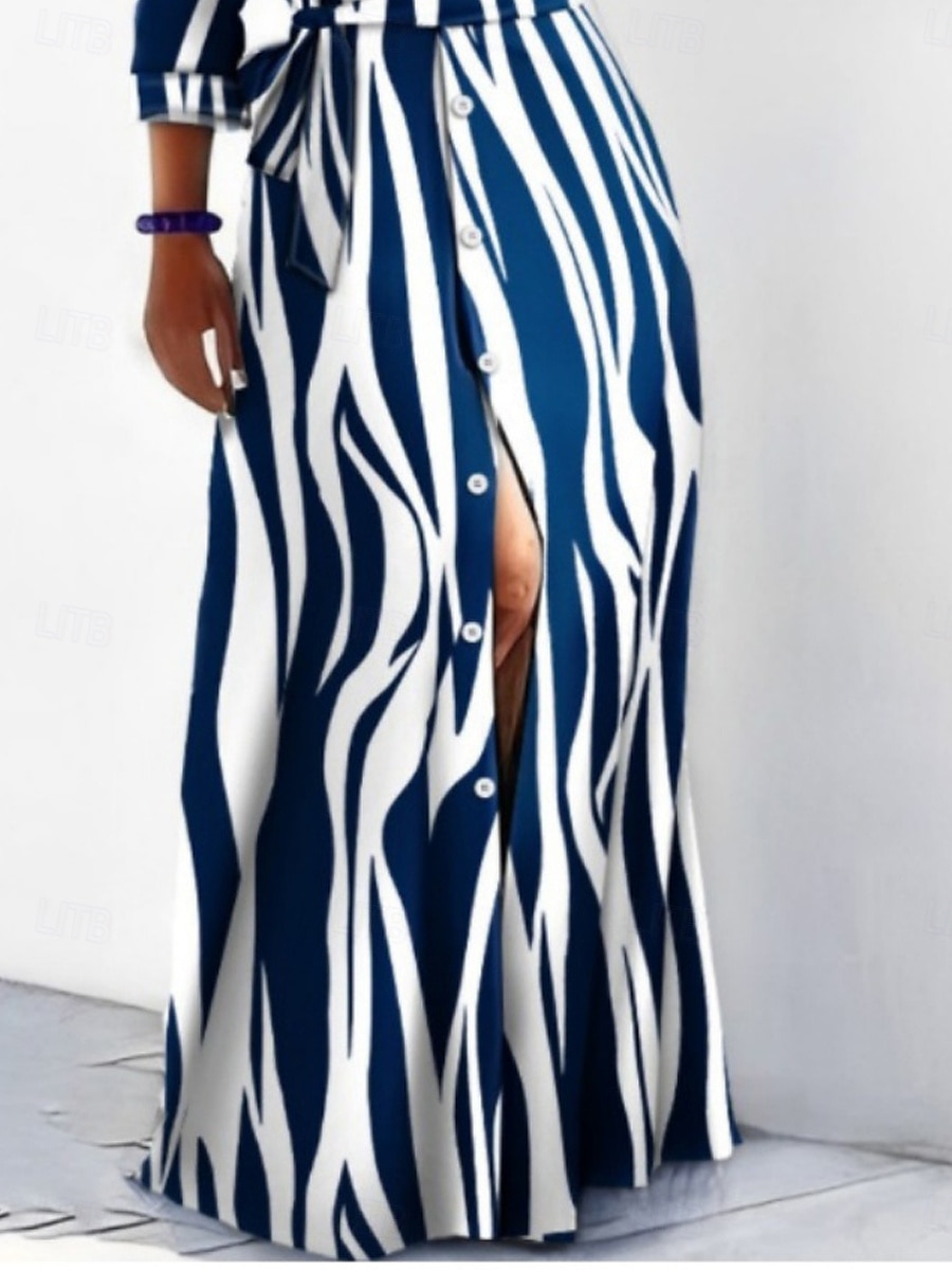 Women's Maxi Dress Shirt Dress Casual Dress A Line Dress Stylish Casual Vacation Daily Regular Fit Stripe Long Sleeve Shirt Collar Navy Blue Blue Summer 2025 - $32.99 –P3