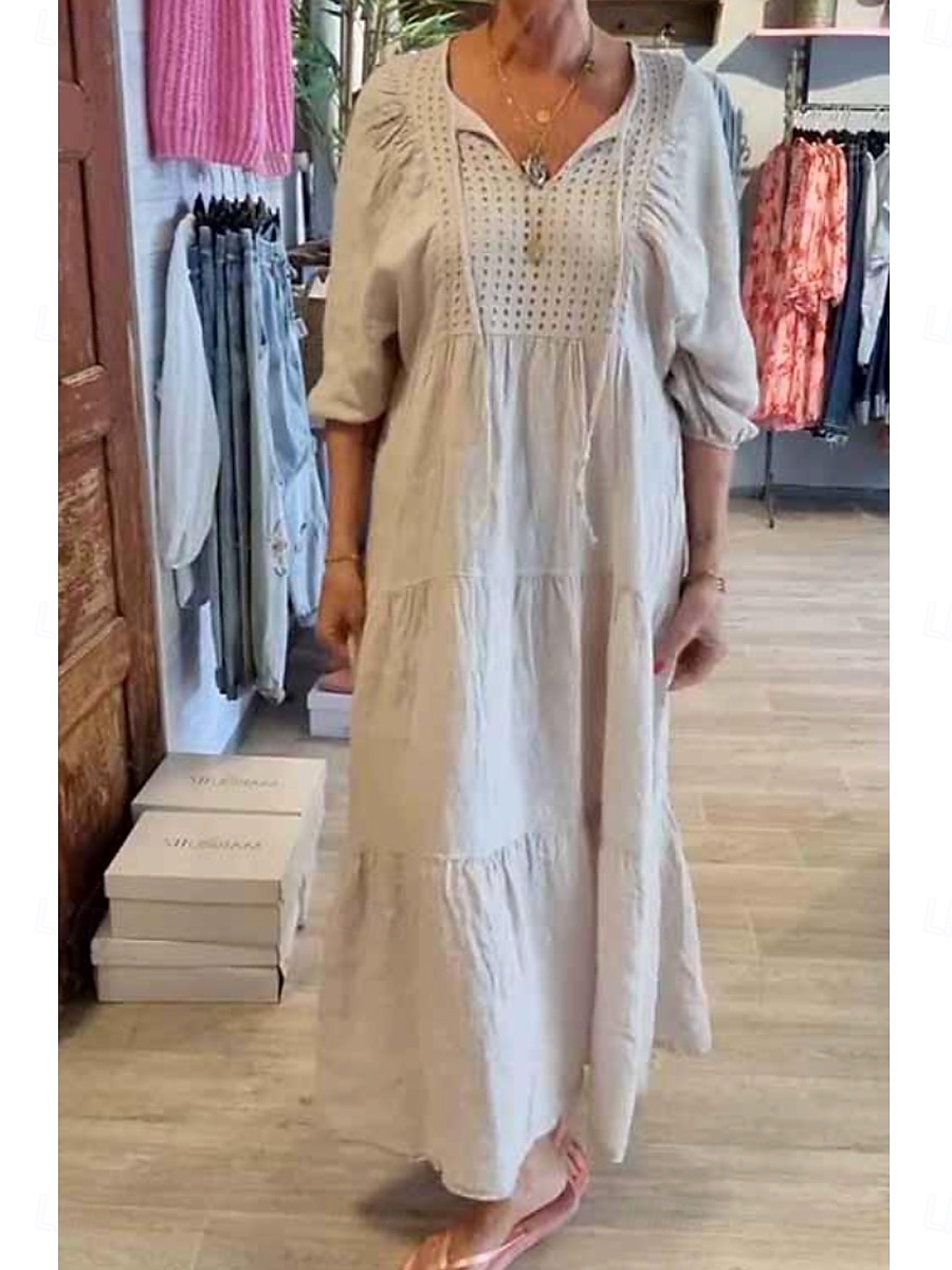 Dam Maxiklänning Linneinspirerade klänningar Vit klänning Solklänning Vit bomullsklänning Ledigt Semester Dagligen Lös passning 3/4 ärm Naggad hals Kaki Beige Sommar Vår 2025 - $36.99 –P4