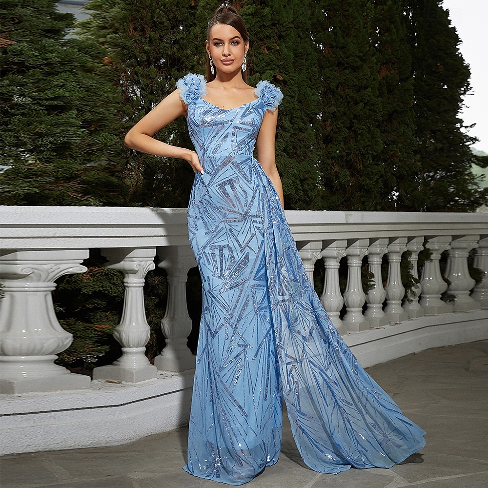 Trompete / Meerjungfrau Abendkleider Glänzend Kleid Formal Hochzeit Boden-Länge Ärmellos V Ausschnitt Chiffon mit Glitzer Schulterblume 2025 2025 - $124.99 –P1