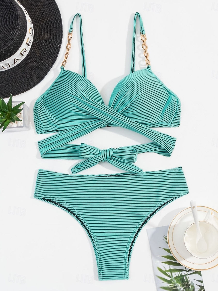 Dame Badetøy Bikini 2 stk Frekk Badedrakt Åpen rygg Tynn Ferie Strand Klær Stripe V-hals Ermeløs Badedrakter 2025 - $26.99 –P4