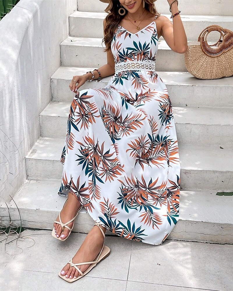 Dámské Maxi šaty Áčkové šaty Květinové šaty Letní šaty Cami šaty Elegantní stylové Dovolená Denní Rande Běžný Květinový Bez rukávů Do V Bílá Léto 2025 - $26.99 –P6