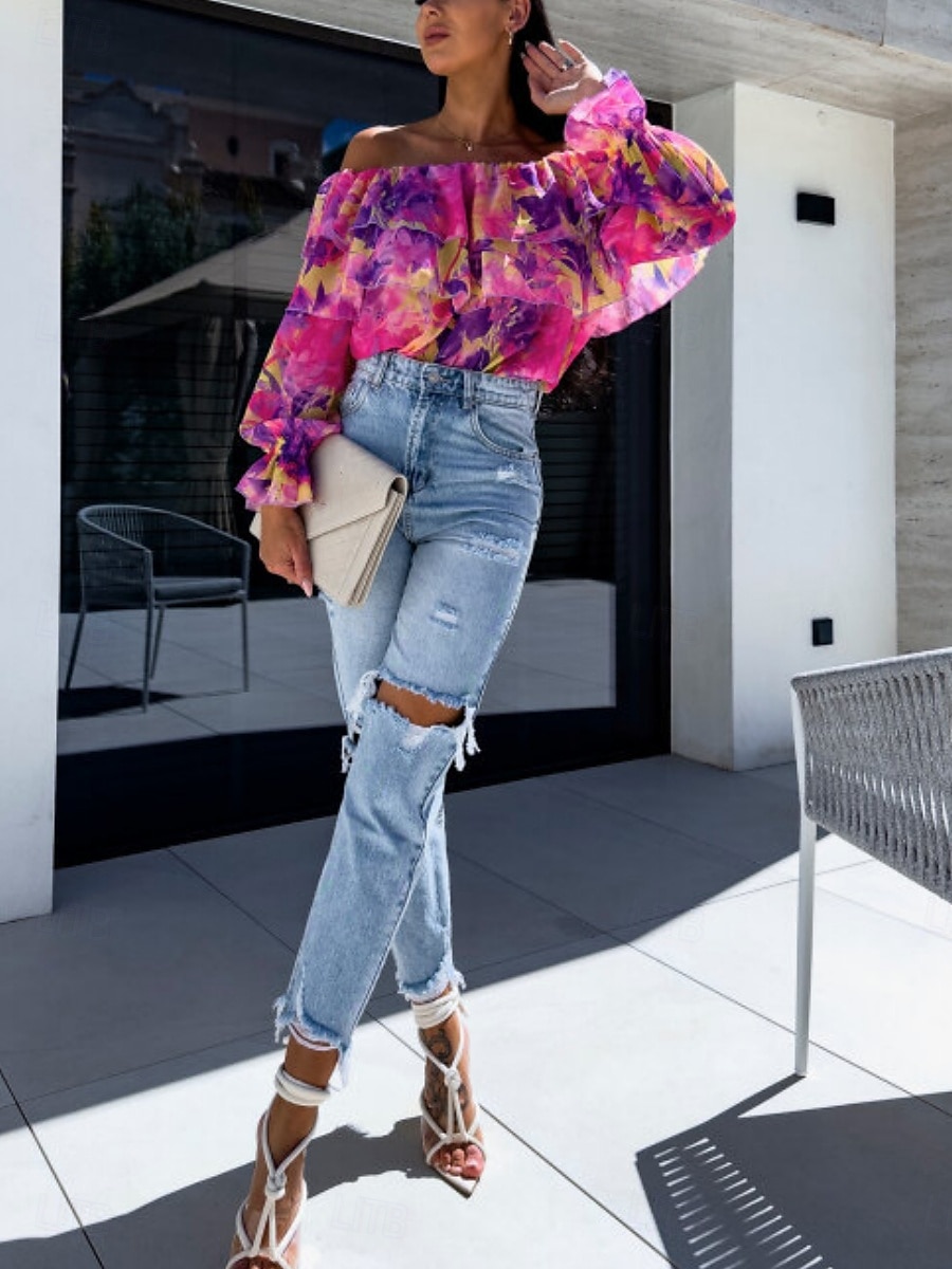 Per donna Camicia Blusa Floreale A foglia Moda Informale Manica lunga Senza spalline Top regolari Giornaliero Con balze Stampa Giallo Rosa Viola Verde Estate Primavera del 2025 a $27.99 –P2