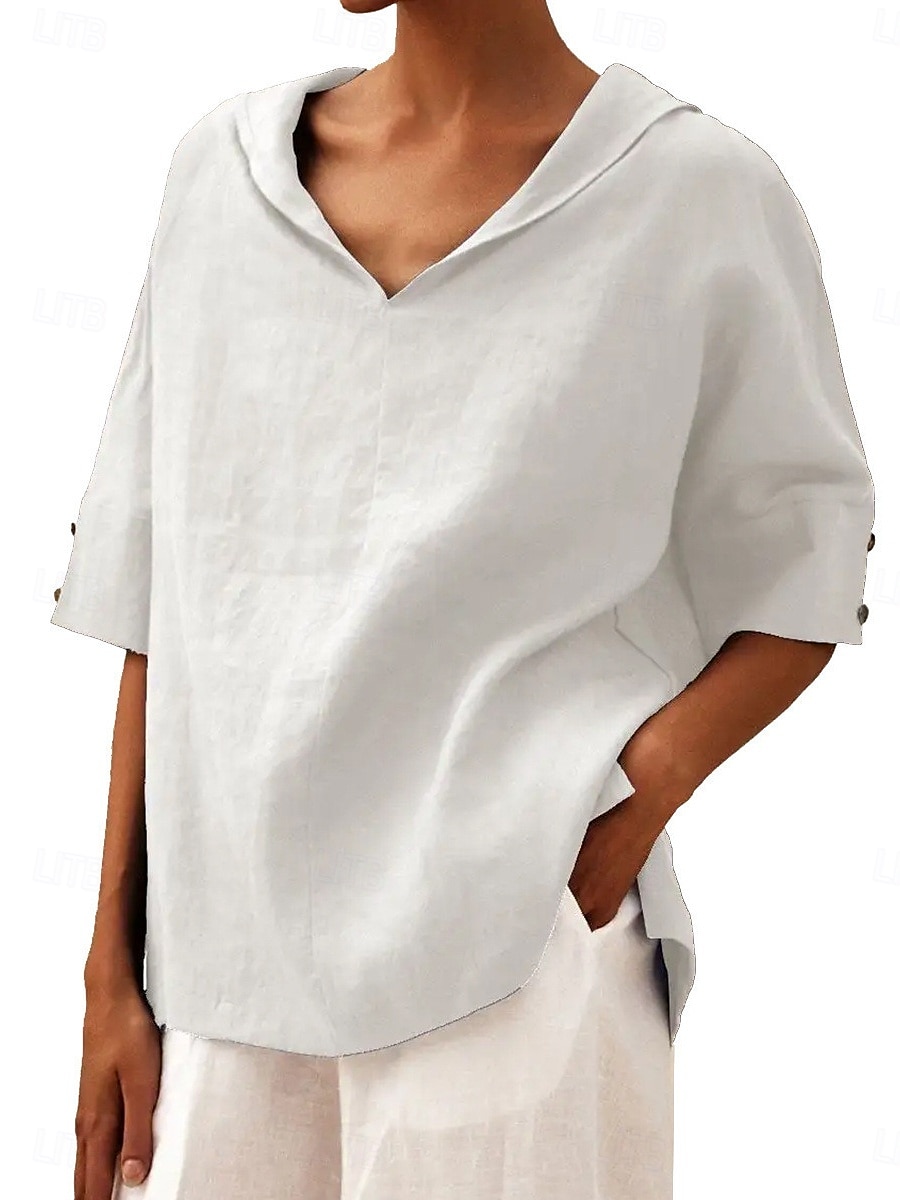Damen Hemd Bluse Baumwoll-Leinen-Hemden Einfarbig Basic Lässig Dreiviertelarm Mit Kapuze Normale Oberteile Täglich Knöpfe Weiß Blau Sommer 2025 - $29.99 –P1