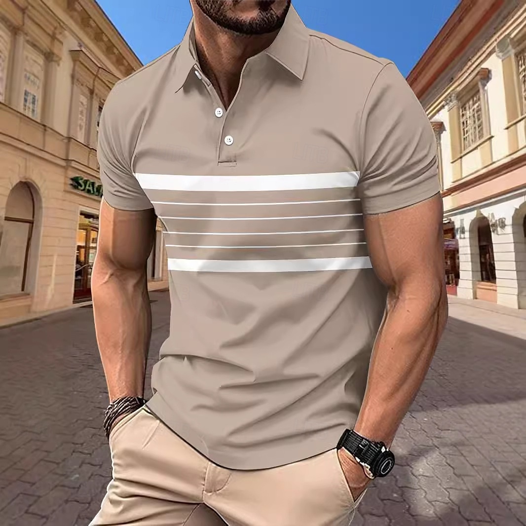 Men's Polo Business Polo Business Casual Lapel Classic Short Sleeve Color Block Stripes Buttons Summer Spring & Fall Black Red Navy Blue Brown Khaki Polo 2025 - $20.99 –P10