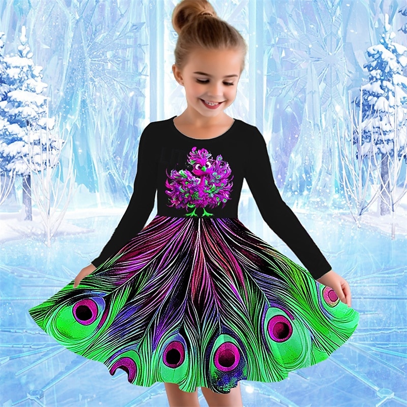 Girls' 3D Graphic Animal Peacock Dress Long Sleeve Summer Spring Vacation Daily Holiday Princess Beautiful Sweet Kids 4-12 Years Casual Dress A Line Dress Knee-length Regular Fit 2025 - $16.99 –P4