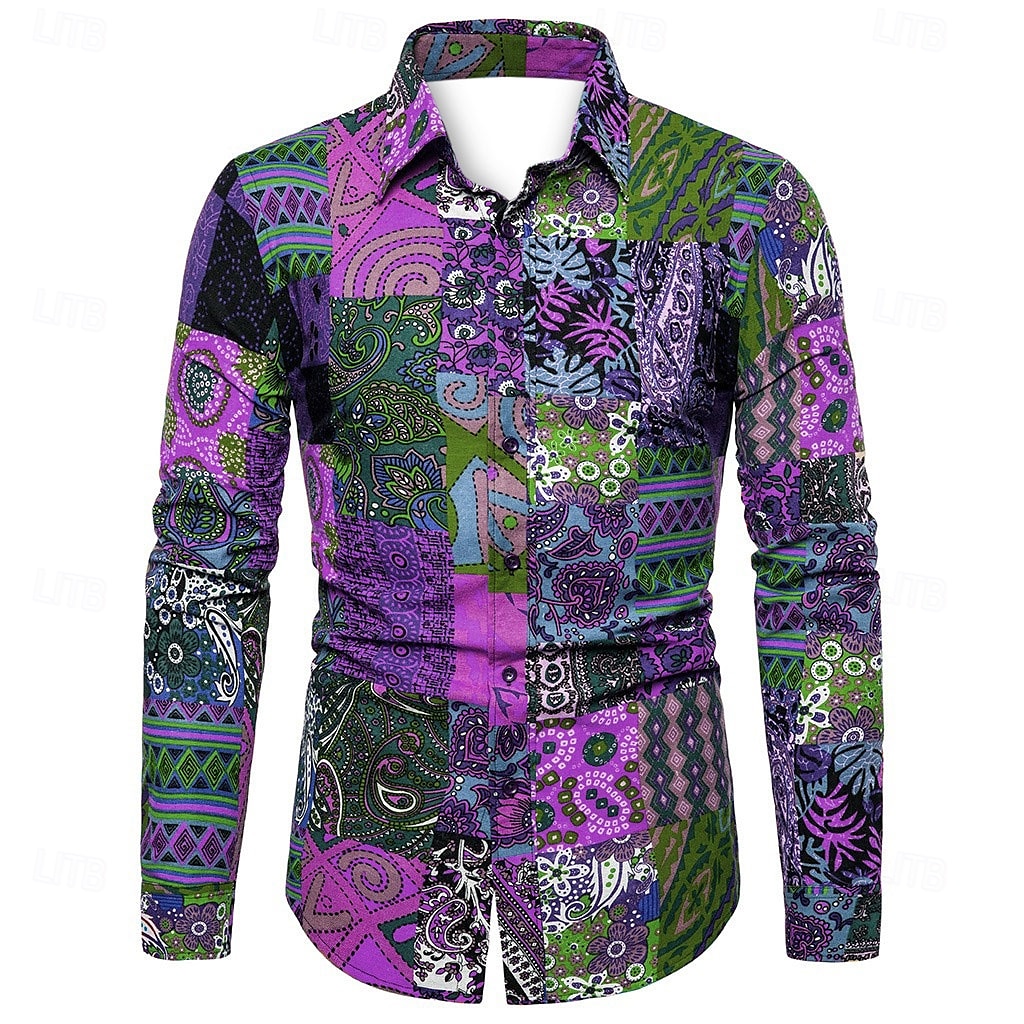 Herren Geometrisch Hemd Boho-Hemd Knopfhemd Langarm Designer Boho Party Kragen Hemdkragen Druck Schwarz Rosa Purpur Grün 2025 - $24.99 –P6