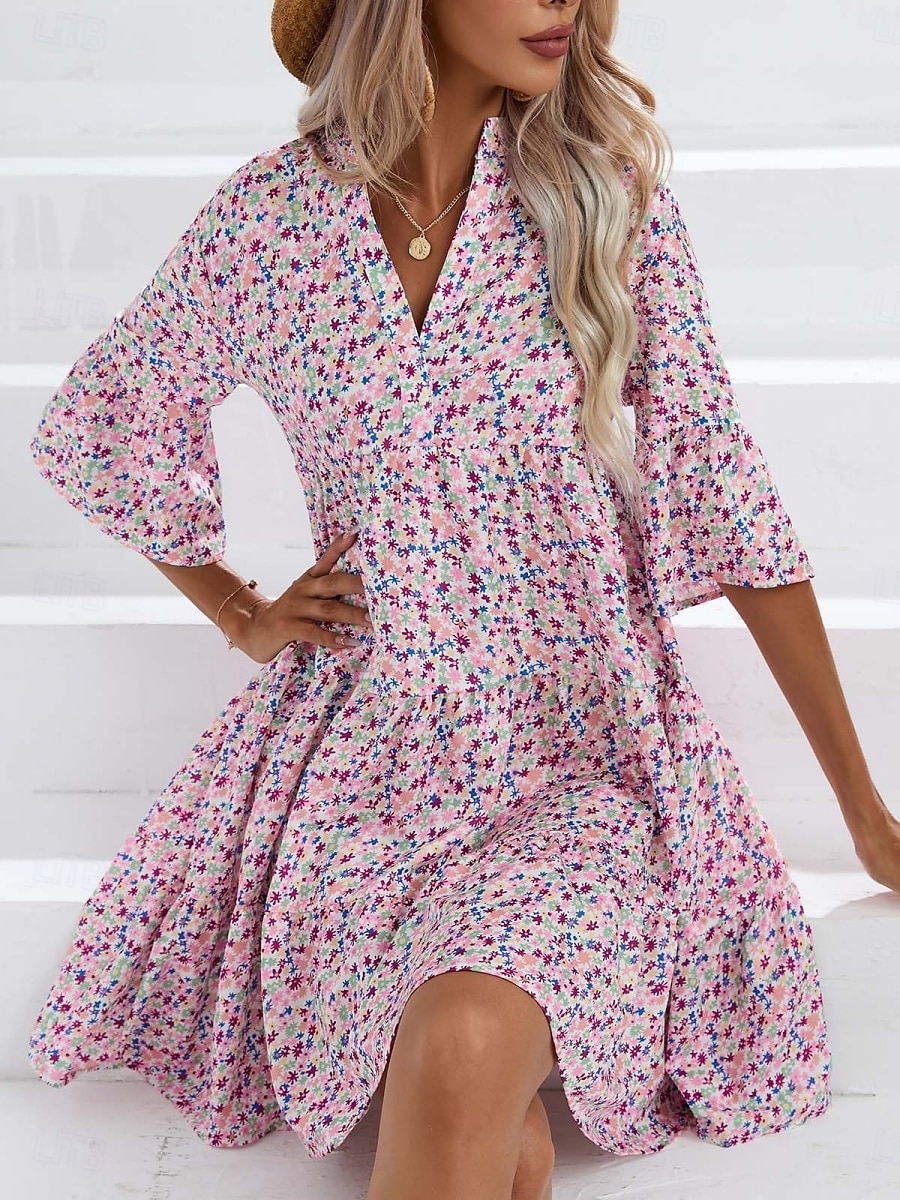 Damen Minikleid Casual kleid Boho Chic Kleider A Linie Kleid Boho-Kleid Böhmen Vintage Urlaub Täglich Regular Fit Blumen 3/4 Ärmel Gekerbter Hals Rosa Blau Sommer 2025 - $25.99 –P11