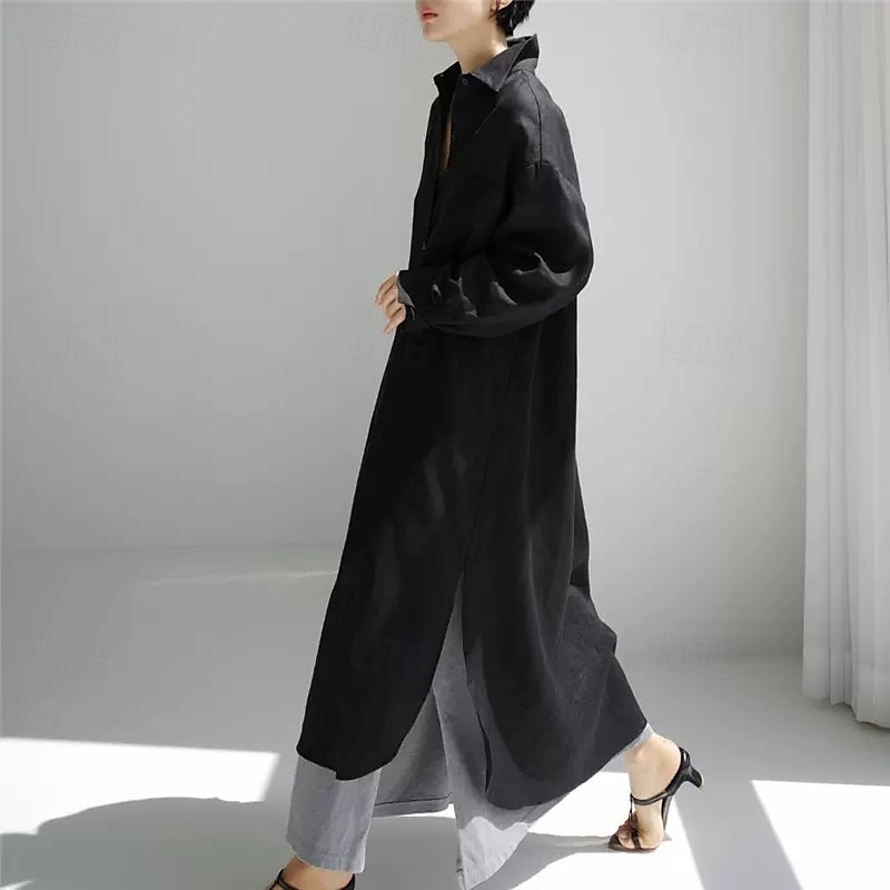 Damen Langes Kleid Maxikleid Leinen-inspirierte Kleider Hemdblusenkleid Freizeitkleid Baumwoll-Leinenkleid Stilvoll Lässig Urlaub Täglich Date Normale Passform Einfach Langarm Revers Schwarz 2025 - $28.99 –P11