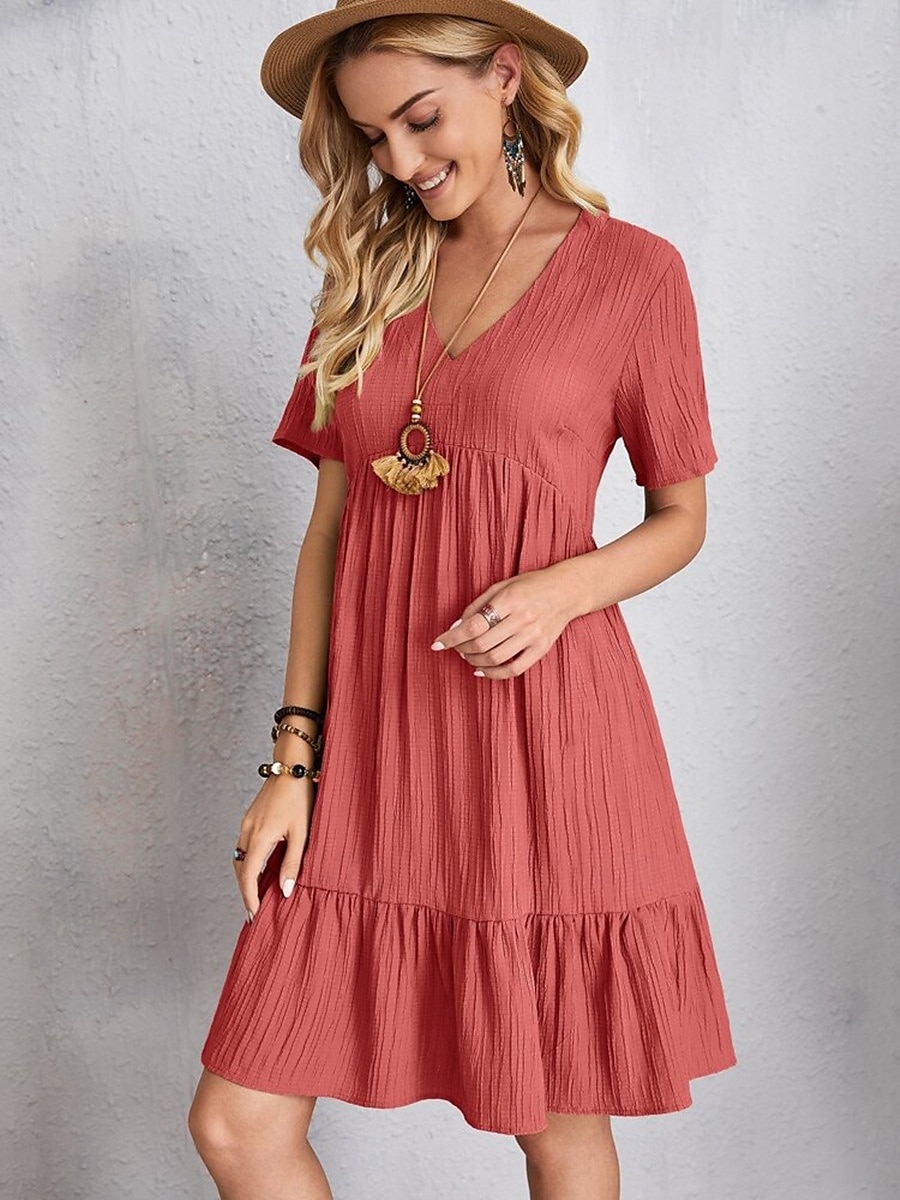 abito da lavoro da donna abito casual abito a trapezio elegante da ufficio quotidiano abito lungo abito lungo patchwork scollo a V manica corta tinta unita vestibilità regolare nero rosa rosso estate del 2025 a $21.99 –P1