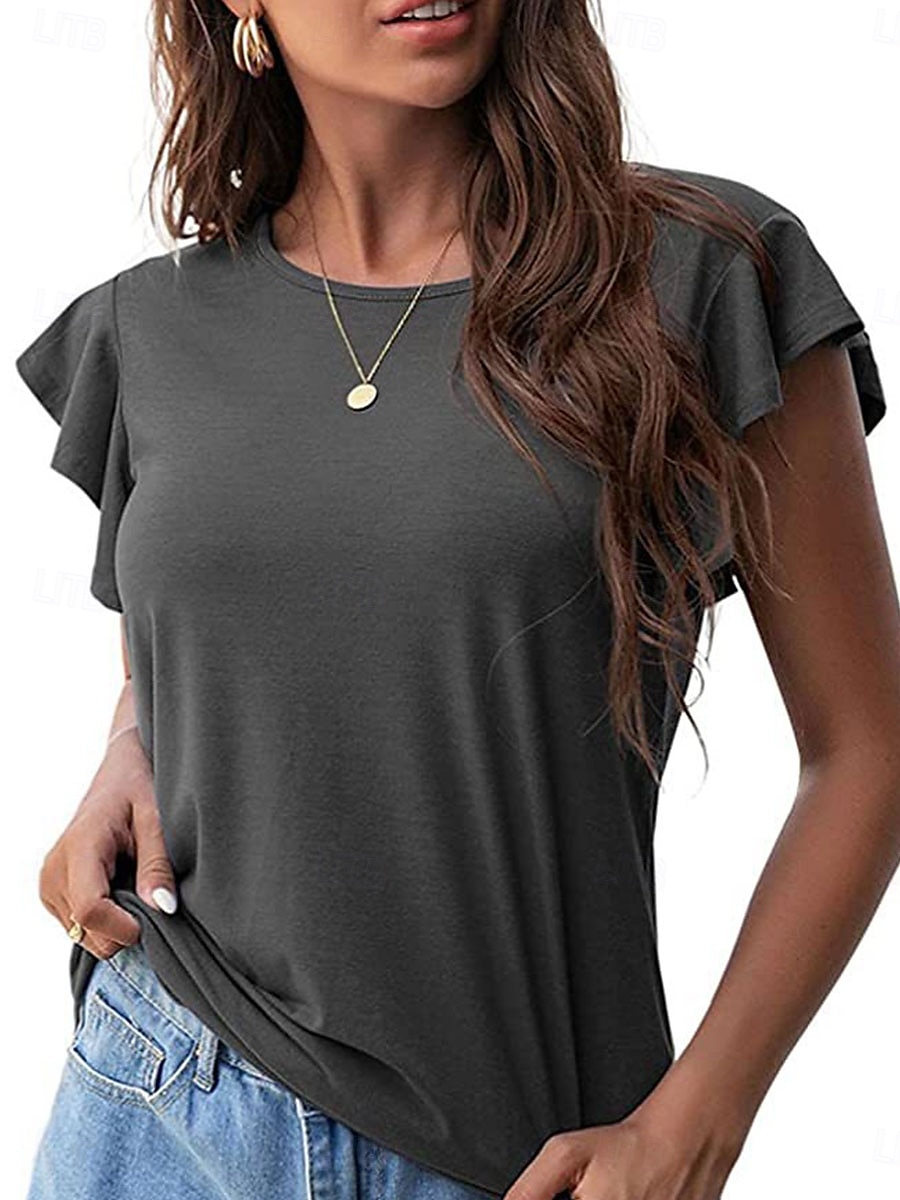 Women's T Shirt Plain Fashion Modern Casual Short Sleeve Crew Neck Regular Tops Daily Weekend Ruffle Black Pink Gray Summer Spring 2025 - $21.99 –P11