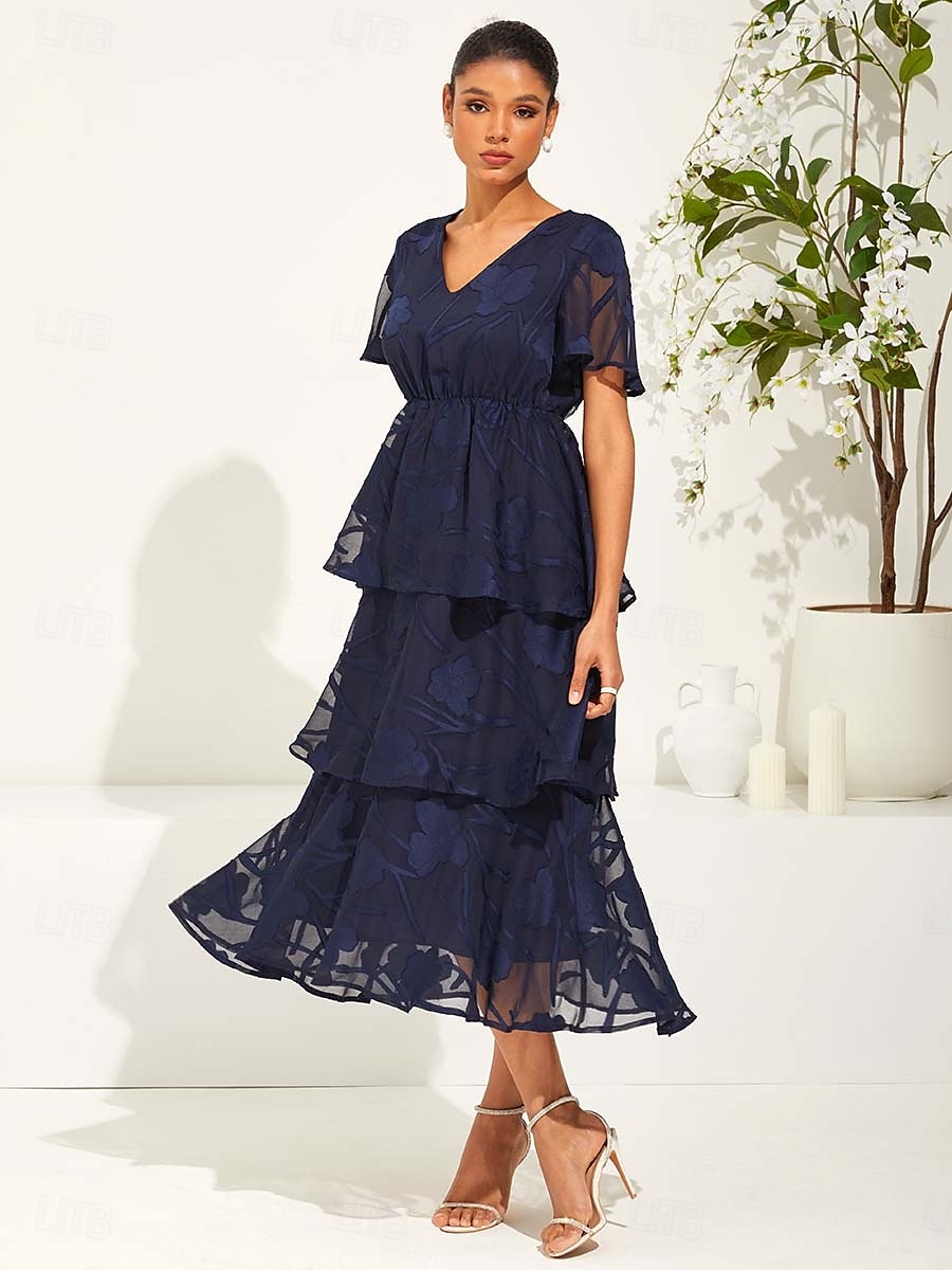 Damen Maxidress A Linie Kleid Elegant Ausgefallene Flattrige Ärmel kleid hochzeitsgast Cocktailparty Regular Fit Glatt Kurzarm V Ausschnitt Dunkelblau Sommer 2025 - $59.99 –P5