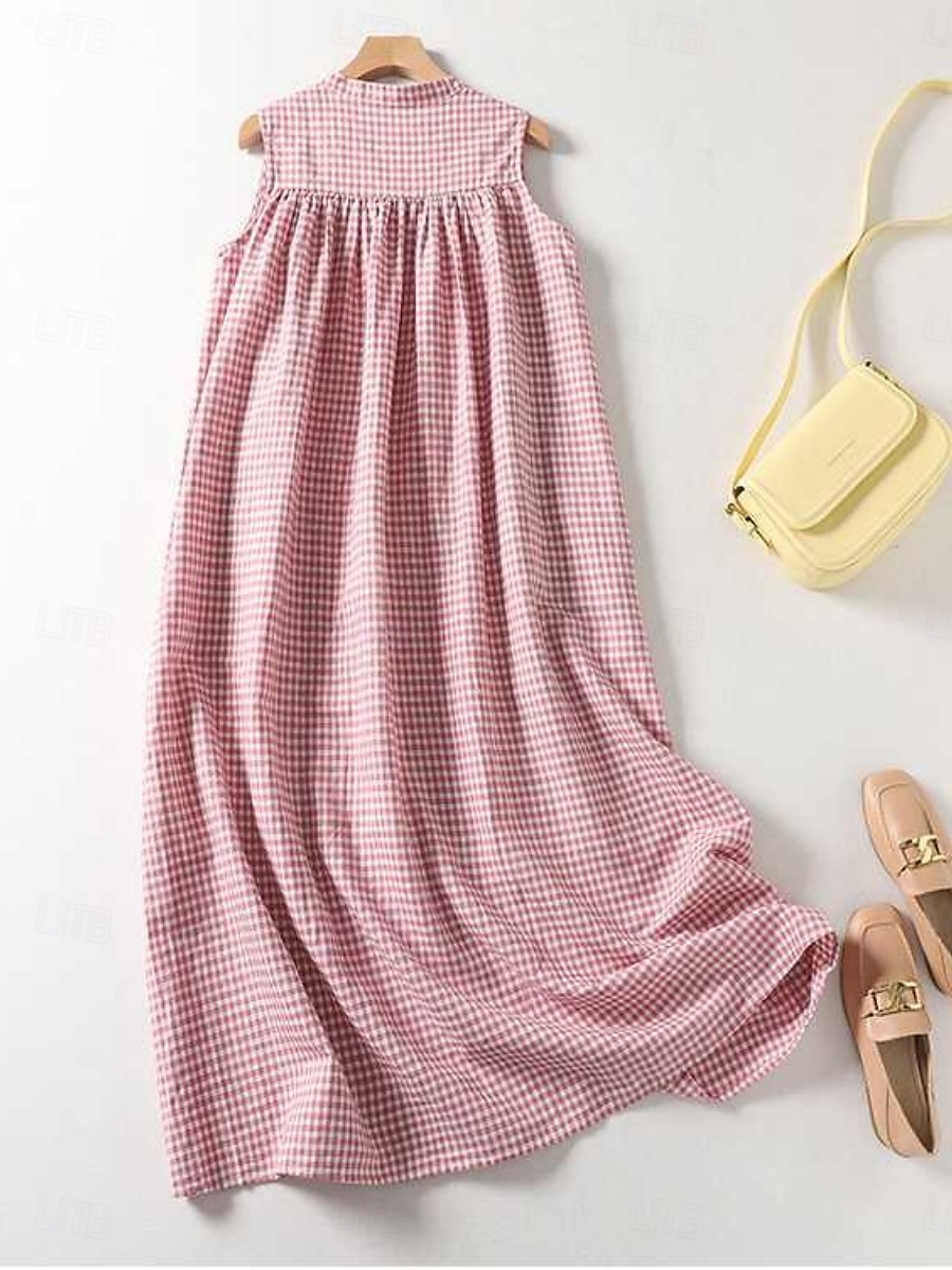 Mujer Vestido maxi Vestidos de lino y algodón Vestido informal Vestido de Tanque Vestido largo de algodón Básico Casual Vacaciones Diario Ajuste regular Plaid Sin Mangas Escote en Pico Rojo Verano 2025 - $36.99 –P2