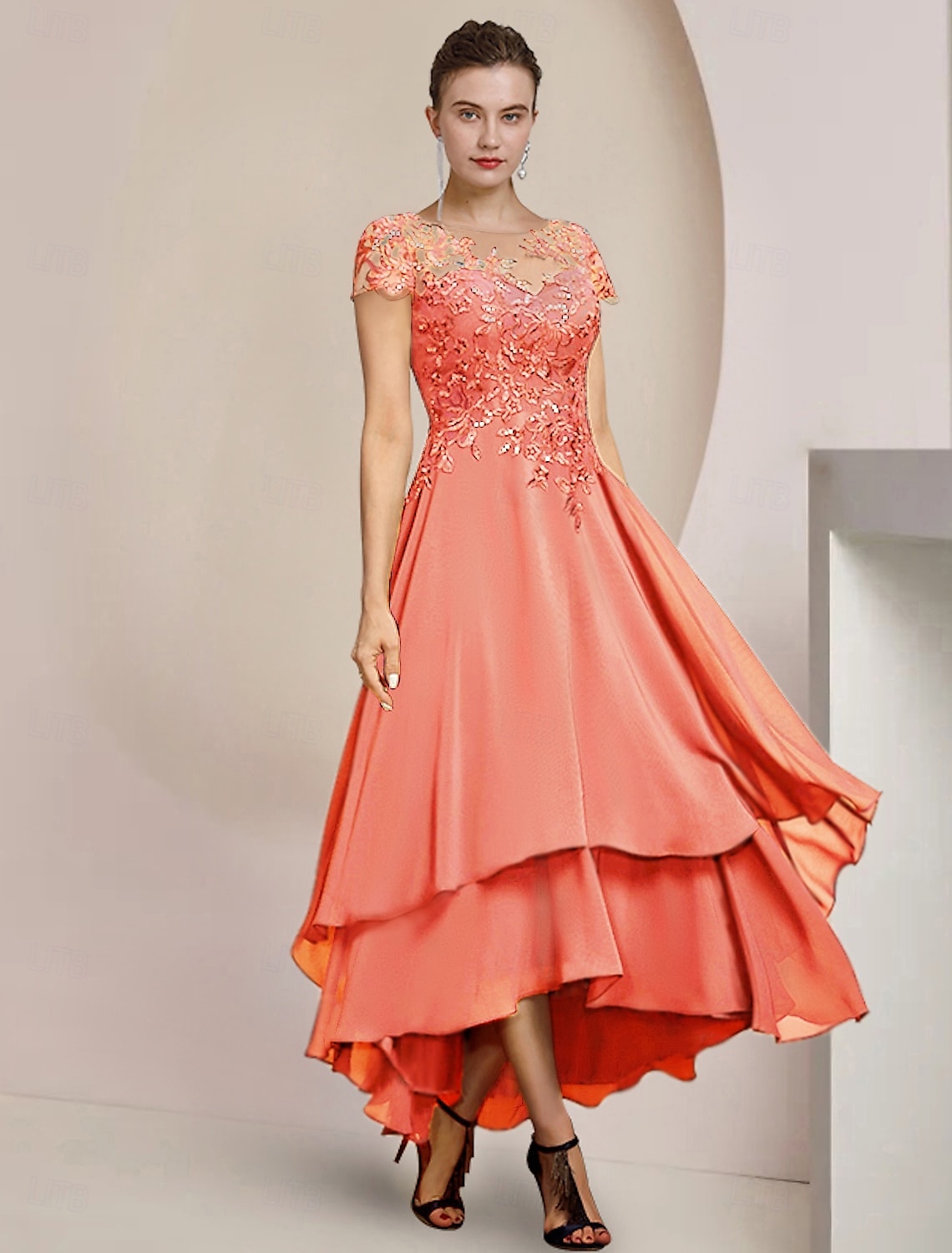 A-Line Mother of the Bride Dress Formal Wedding Guest Elegant High Low Scoop Neck Asymmetrical Tea Length Chiffon Lace Short Sleeve with Sequin Appliques free custom size 2025 - $167.99 –P7
