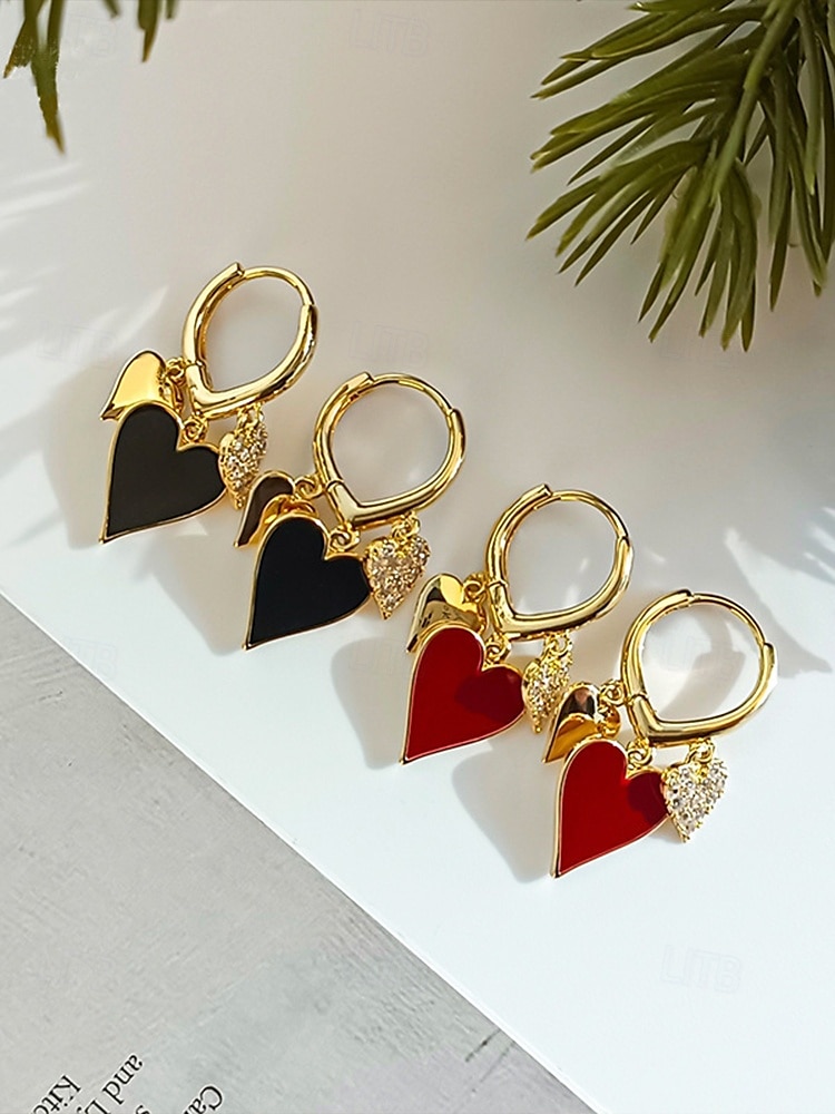Red and Gold Heart Drop Earrings with Rhinestone Detailing – Romantic Jewelry for Women, Perfect for Valentine's Day or Date Nights 2025 - $7.99 –P4