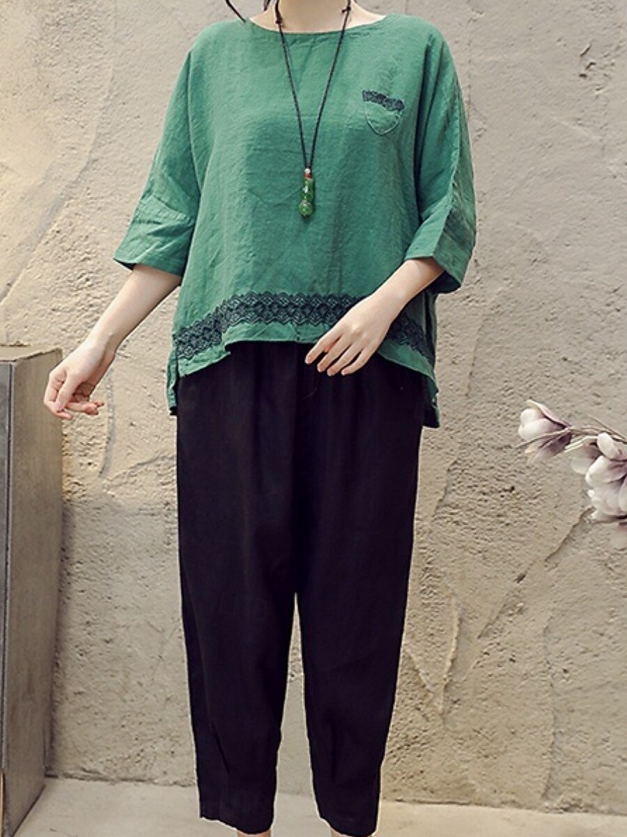 Damen Hemd Bluse Baumwoll-Leinen-Hemden Geometrisch Basic Lässig Dreiviertelarm Rundhalsausschnitt Normale Oberteile Täglich Patchwork Weiß Braun Grün Sommer Frühling 2025 - $21.99 –P9